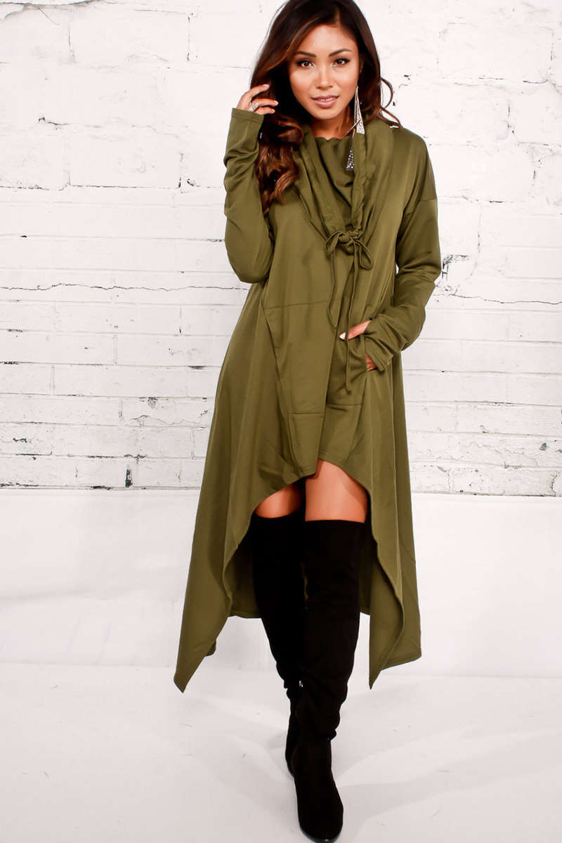 TOPS/GREEN TOPS/HOODED TOPS/LONG TOPS/ASYMMETRICAL TOPS/COWL NECK TOPS