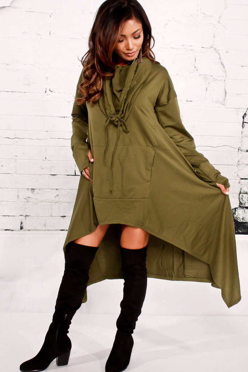 TOPS/GREEN TOPS/HOODED TOPS/LONG TOPS/ASYMMETRICAL TOPS/COWL NECK TOPS