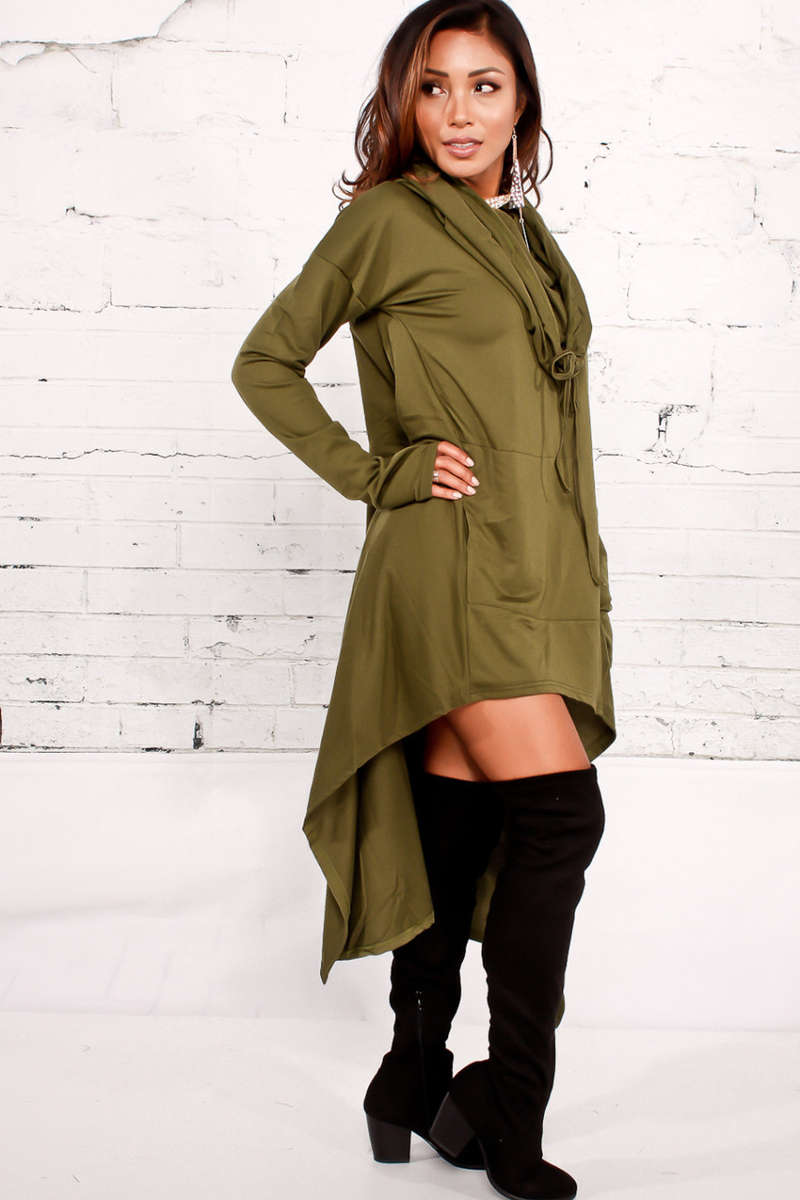 TOPS/GREEN TOPS/HOODED TOPS/LONG TOPS/ASYMMETRICAL TOPS/COWL NECK TOPS