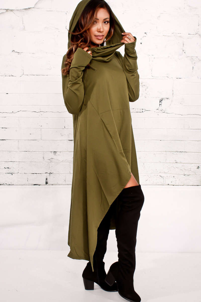 TOPS/GREEN TOPS/HOODED TOPS/LONG TOPS/ASYMMETRICAL TOPS/COWL NECK TOPS