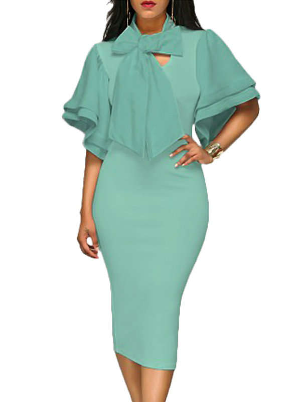 DRESS/DRESSES/MIDI DRESS/WOMENS MIDI DRESS/GREEN BOW TIE DECORATION BODYCON MIDI DRESS