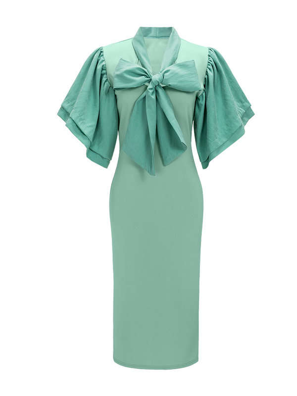 DRESS/DRESSES/MIDI DRESS/WOMENS MIDI DRESS/GREEN BOW TIE DECORATION BODYCON MIDI DRESS