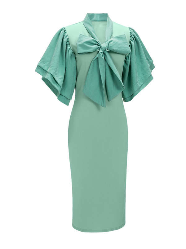 DRESS/DRESSES/MIDI DRESS/WOMENS MIDI DRESS/GREEN BOW TIE DECORATION BODYCON MIDI DRESS