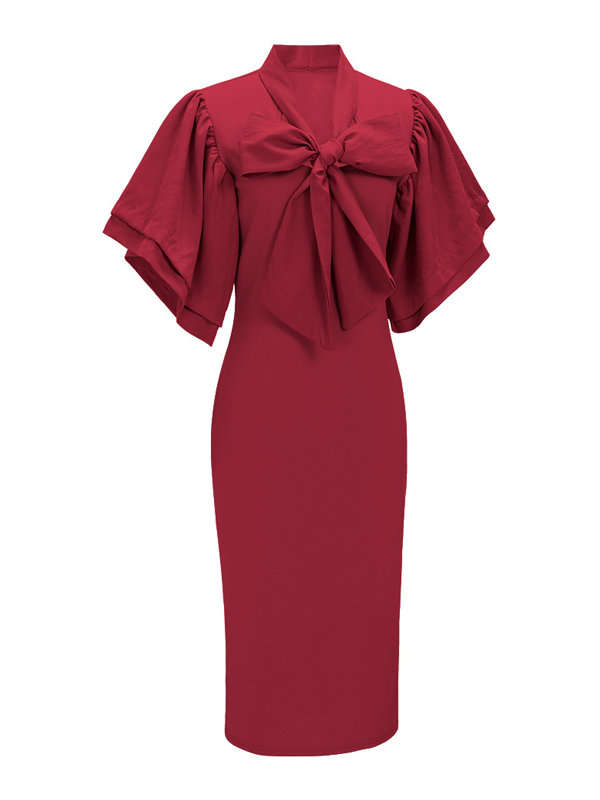 DRESS/DRESSES/MIDI DRESS/WOMENS MIDI DRESS/RED BOW TIE DECORATION BODYCON MIDI DRESS