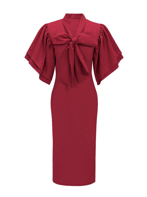 DRESS/DRESSES/MIDI DRESS/WOMENS MIDI DRESS/RED BOW TIE DECORATION BODYCON MIDI DRESS