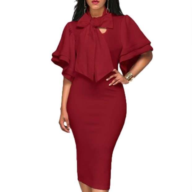 DRESS/DRESSES/MIDI DRESS/WOMENS MIDI DRESS/RED BOW TIE DECORATION BODYCON MIDI DRESS