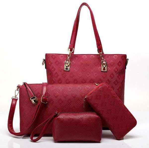 HANDBAGS/HANDBAG/WOMENS HANDBAGS/HANDBAG SET/WINE RED GEOMETRIC PATTERN FOUR PIECE TOTE HANDBAG SET