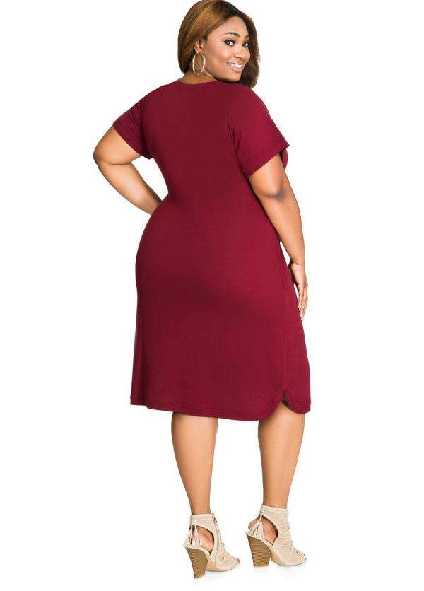 DRESSES/DRESS/PLUS SIZE DRESS/BURGUNDY DRESS/WOMENS CURVY FRONT TIE BELT BURGUNDY MIDI DRESS