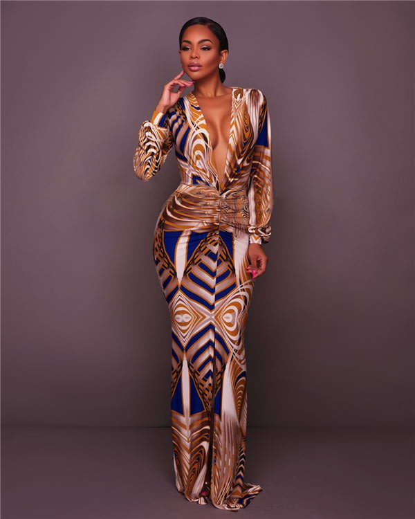 Print Long Sleeve Blue Plus Size Maxi Dress