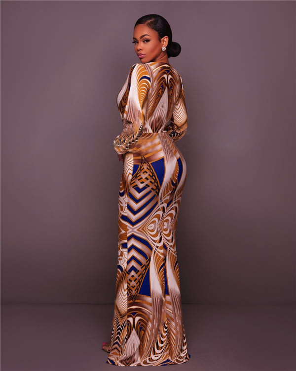 Print Long Sleeve Blue Plus Size Maxi Dress