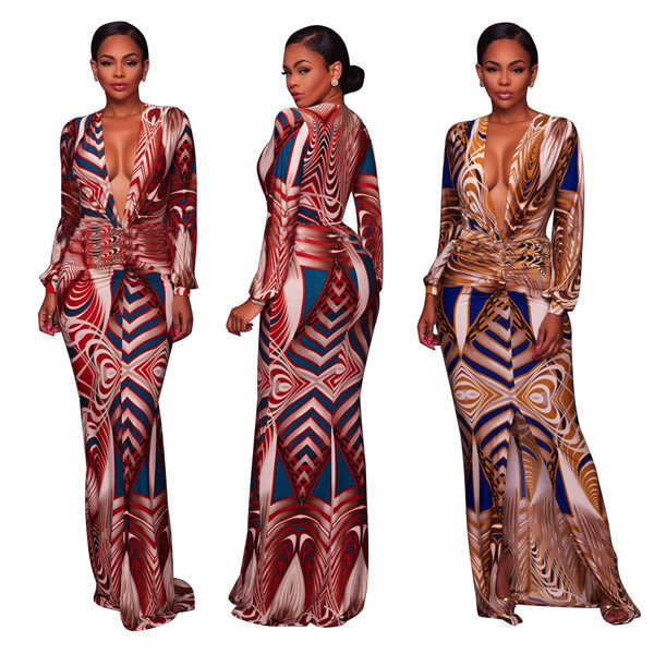 Print Long Sleeve Blue Plus Size Maxi Dress