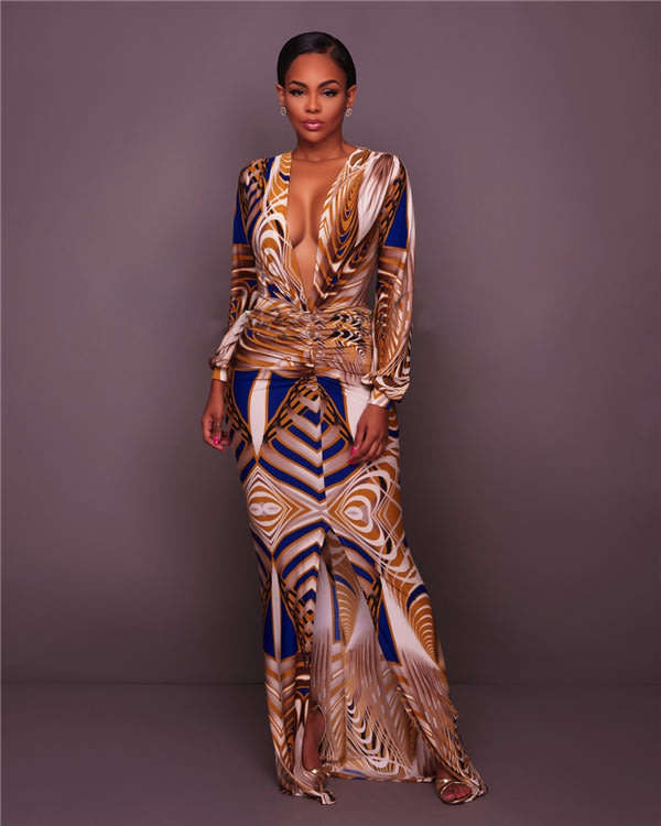 Print Long Sleeve Blue Plus Size Maxi Dress