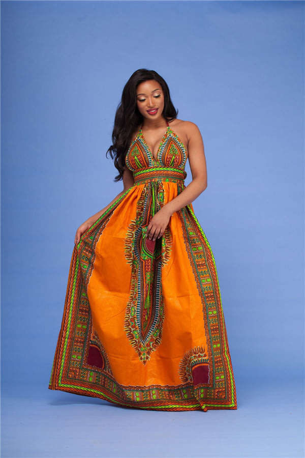 DRESS/DRESSES/ORANGE DRESS/DASHIKI DRESS/ORANGE HALTER AFRICAN PRINT MAXI DRESS