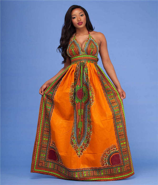 DRESS/DRESSES/ORANGE DRESS/DASHIKI DRESS/ORANGE HALTER AFRICAN PRINT MAXI DRESS