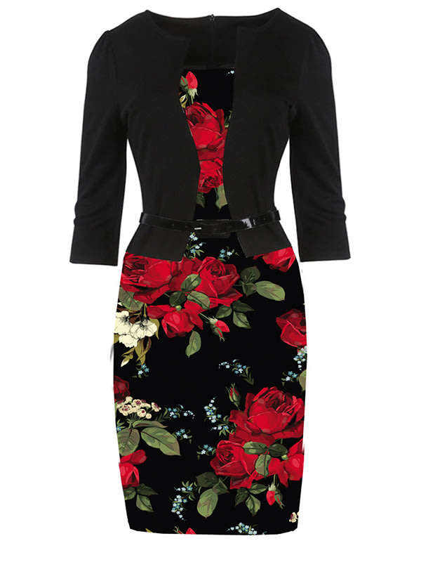 DRESSES/DRESS/PENCIL DRESS/FLORAL DRESS/BLACK RED DRESS/BODYCON DRESS/TWO PIECE DRESS/ELEGANT DRESS