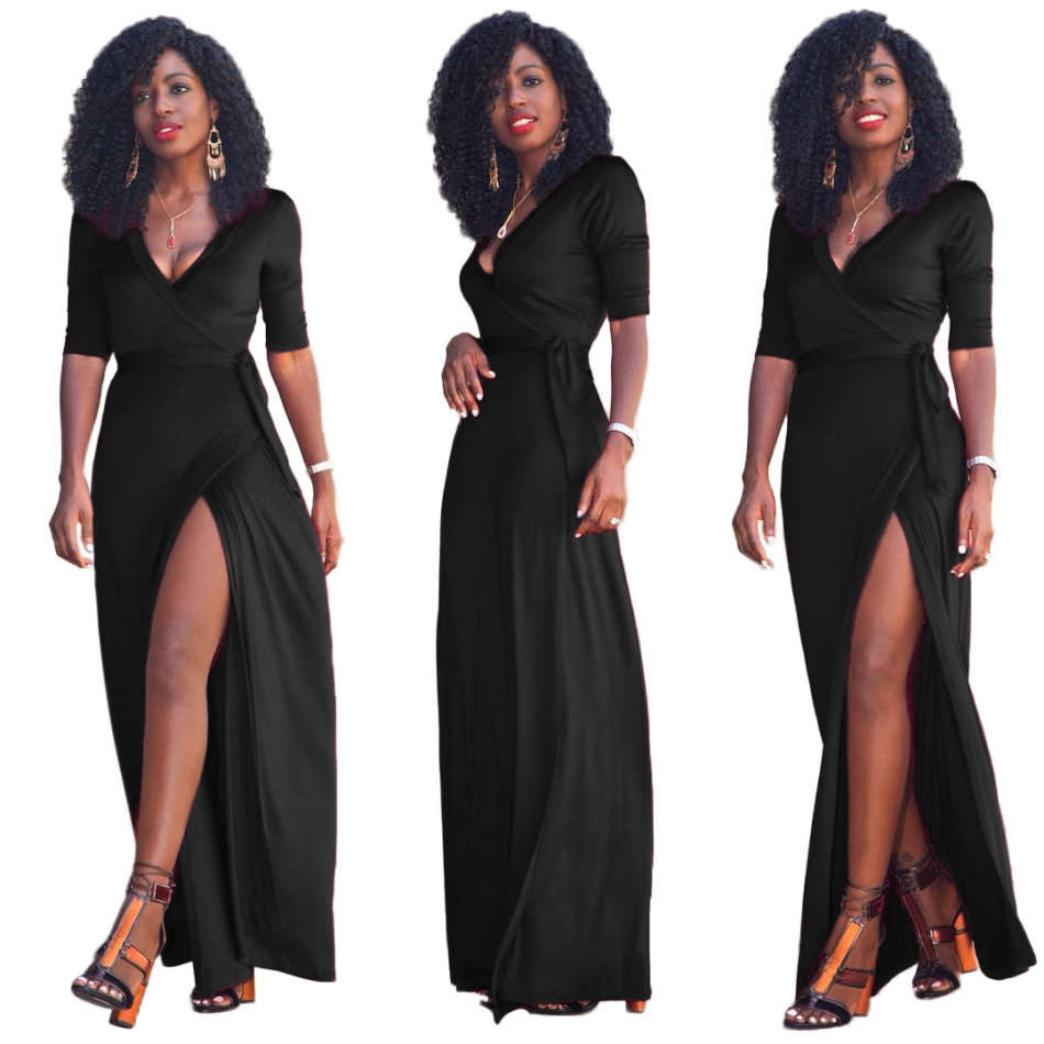Black Side Slit Wrap Maxi Dress