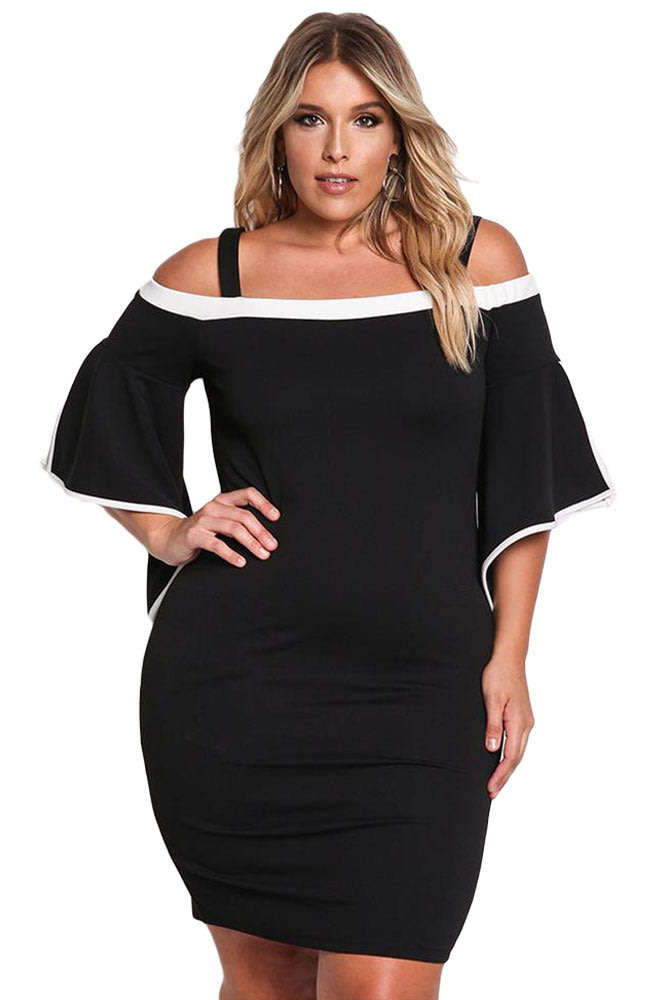 DRESSES/DRESS/BLACK DRESS/PLUS SIZE DRESS/BLACK PLUS SIZE COLD SHOULDER BELL SLEEVE BODYCON DRESS