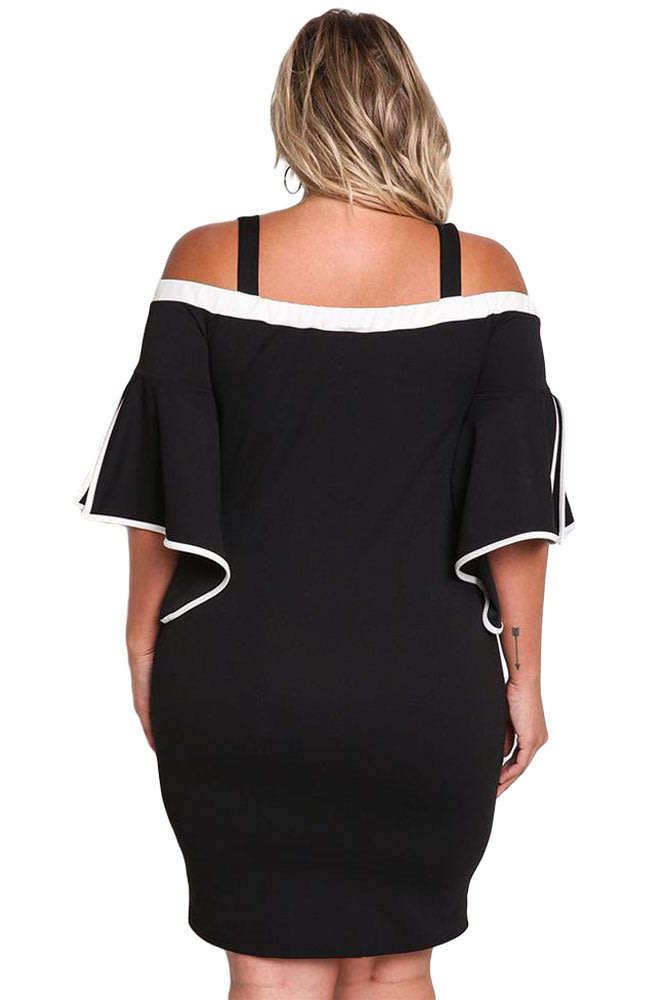 DRESSES/DRESS/BLACK DRESS/PLUS SIZE DRESS/BLACK PLUS SIZE COLD SHOULDER BELL SLEEVE BODYCON DRESS