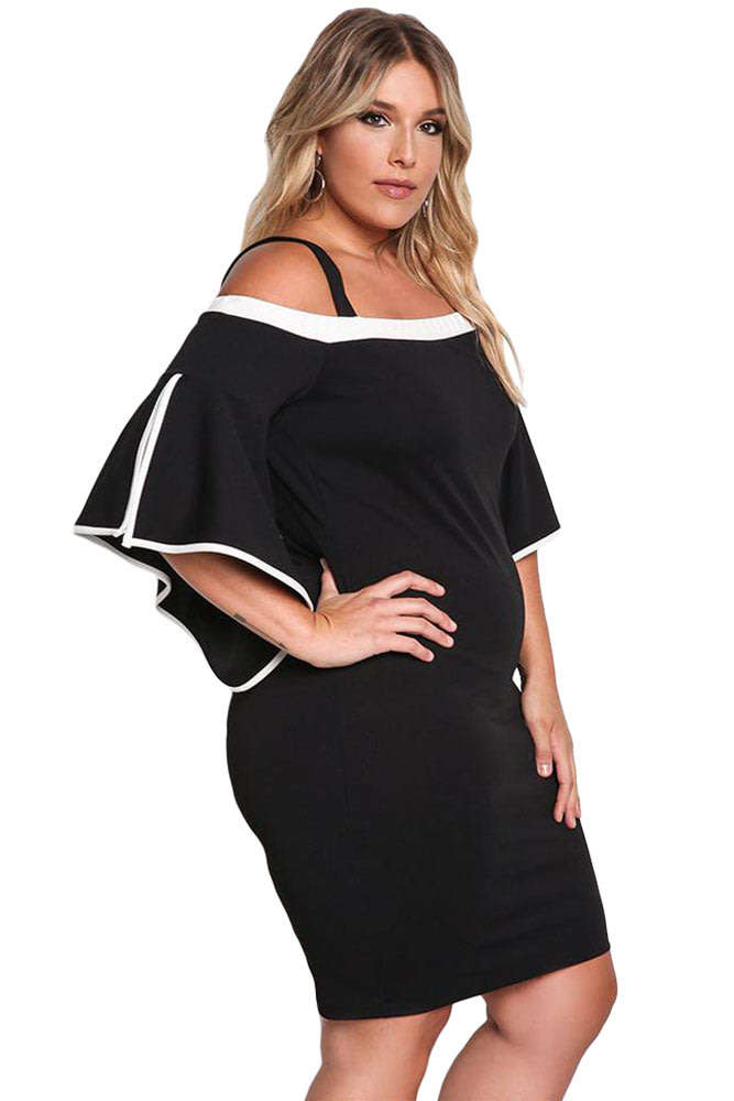 DRESSES/DRESS/BLACK DRESS/PLUS SIZE DRESS/BLACK PLUS SIZE COLD SHOULDER BELL SLEEVE BODYCON DRESS