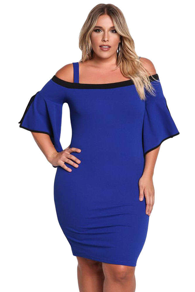 DRESSES/DRESS/BLUE DRESS/PLUS SIZE DRESS/BLUE PLUS SIZE COLD SHOULDER BELL SLEEVE BODYCON DRESS