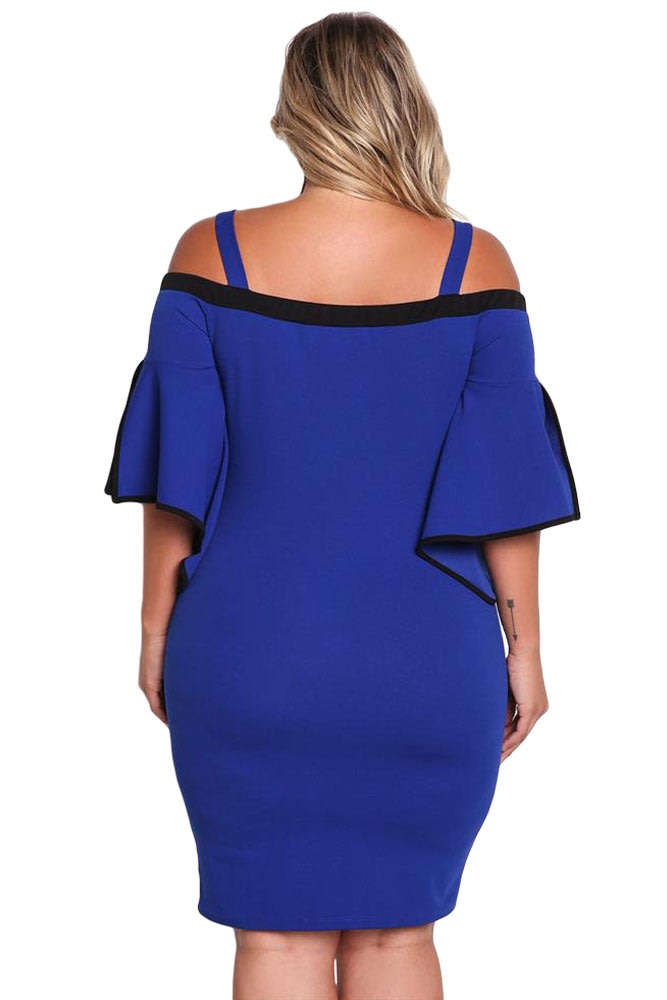 DRESSES/DRESS/BLUE DRESS/PLUS SIZE DRESS/BLUE PLUS SIZE COLD SHOULDER BELL SLEEVE BODYCON DRESS