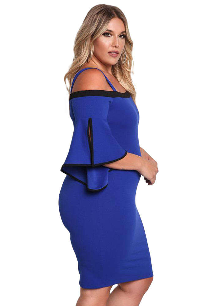 DRESSES/DRESS/BLUE DRESS/PLUS SIZE DRESS/BLUE PLUS SIZE COLD SHOULDER BELL SLEEVE BODYCON DRESS
