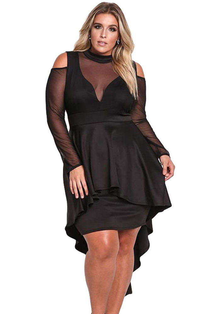 Black Plus Size Mesh Trim Hi-Lo Peplum Dress