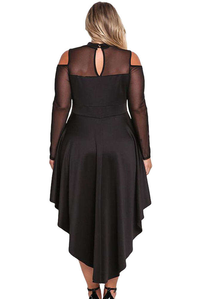 Black Plus Size Mesh Trim Hi-Lo Peplum Dress