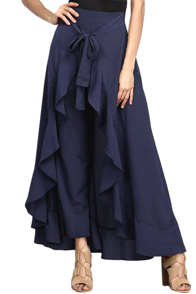 Chiffon Blue Palazzo Ruffle Pants For Women