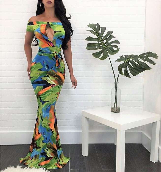 DRESSES/DRESS/MAXI DRESS/PRINT DRESS/GREEN BOLD PRINT OFF SHOULDER KEYHOLE FRONT MAXI DRESS