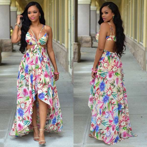 Floral Hi-Low Maxi Beach Dress Pink And Blue Maxi Dresses
