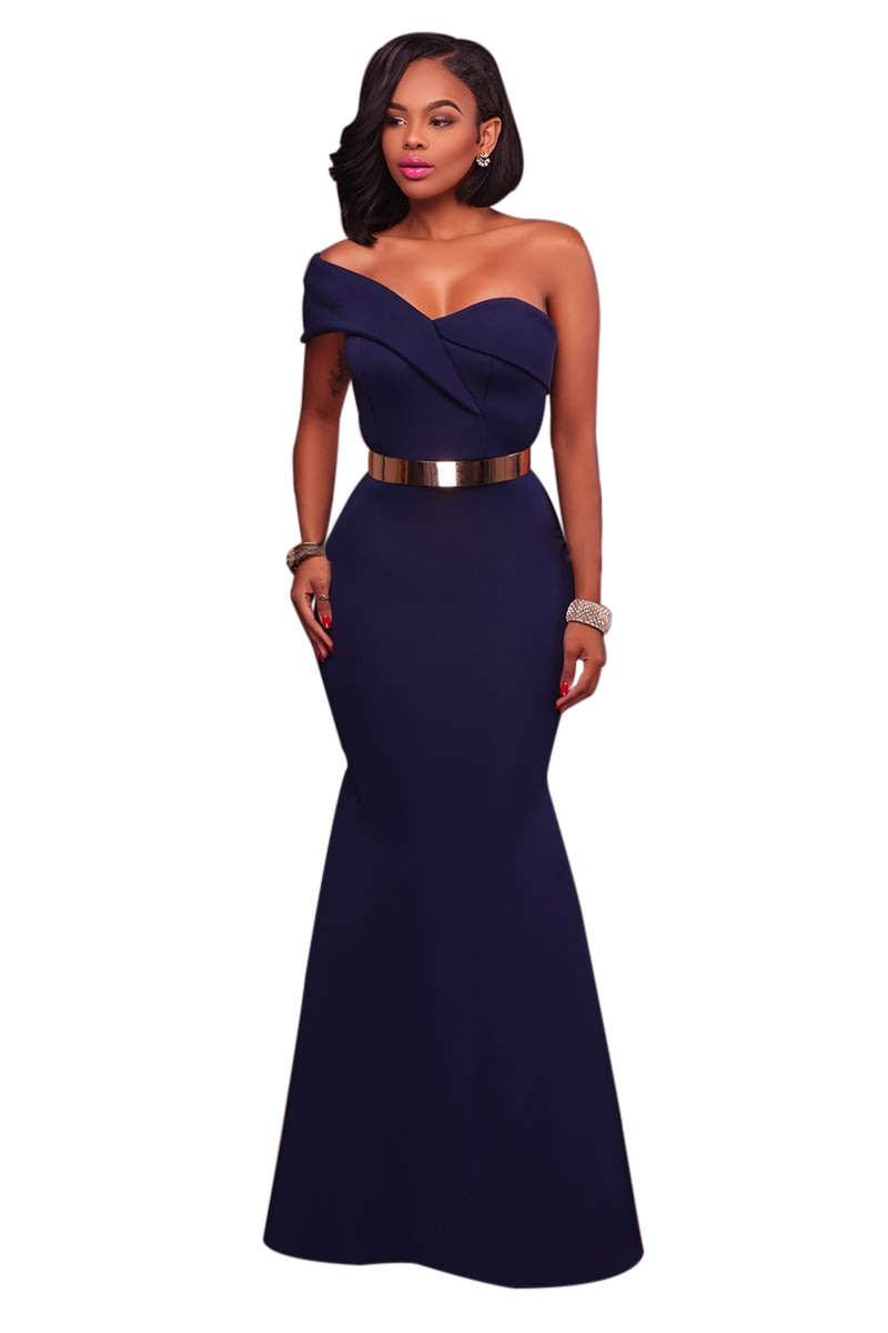 DRESSES/DRESS/EVENING DRESS/PARTY DRESS/NAVY DRESS/NAVY BLUE ONE SHOULDER EVENING DRESS