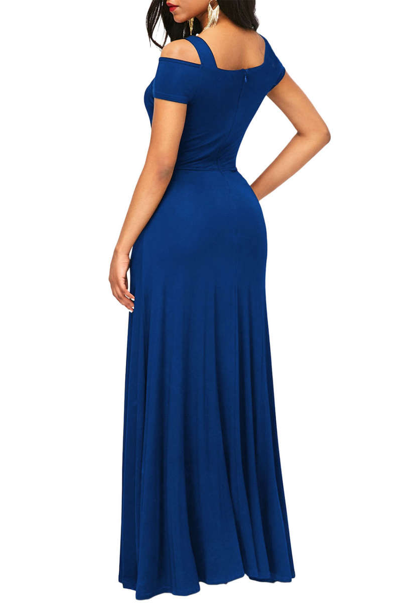 DRESSES/DRESS/MAXI DRESS/FLARE DRESS/COLD SHOULDER DRESS/BLUE COLD SHOULDER FRONT SLIT MAXI DRESS