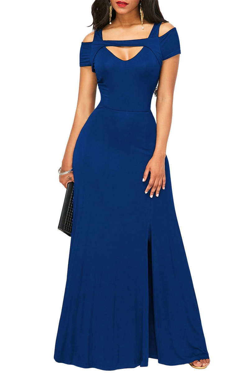DRESSES/DRESS/MAXI DRESS/FLARE DRESS/COLD SHOULDER DRESS/BLUE COLD SHOULDER FRONT SLIT MAXI DRESS