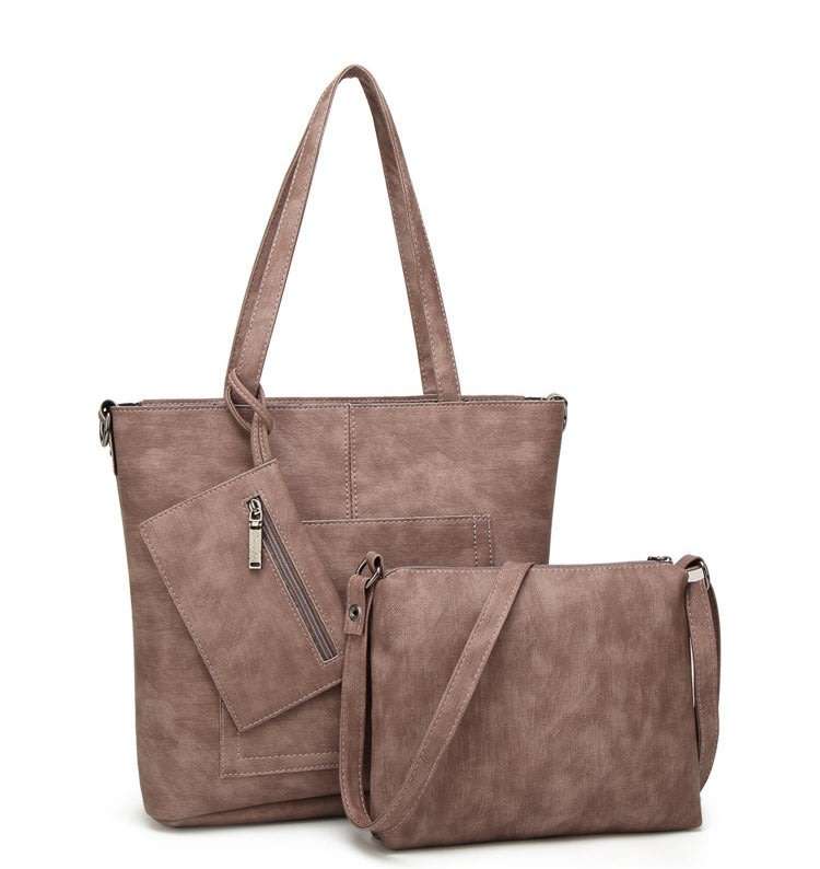 Brown Tote Handbag Three Piece Set