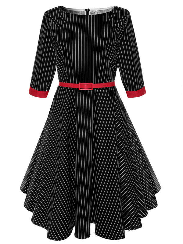 DRESSES/BLACK DRESS/VINTAGE DRESS/1950'S DRESS/BELTED DRESS/SLEEVED DRESS/SWING DRESS