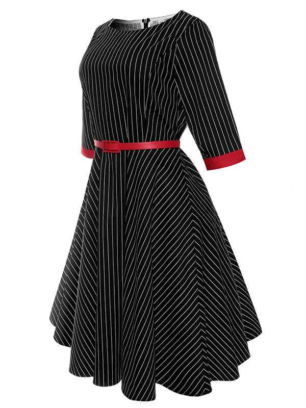 DRESSES/BLACK DRESS/VINTAGE DRESS/1950'S DRESS/BELTED DRESS/SLEEVED DRESS/SWING DRESS