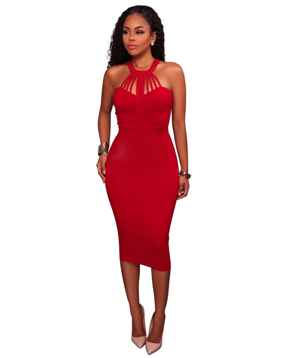 DRESSES/DRESS/BODYCON DRESS/RED DRESS/HALTER DRESS/RED STRAPPY HALTER BODYCON PARTY DRESS
