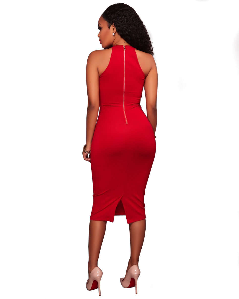 DRESSES/DRESS/BODYCON DRESS/RED DRESS/HALTER DRESS/RED STRAPPY HALTER BODYCON PARTY DRESS
