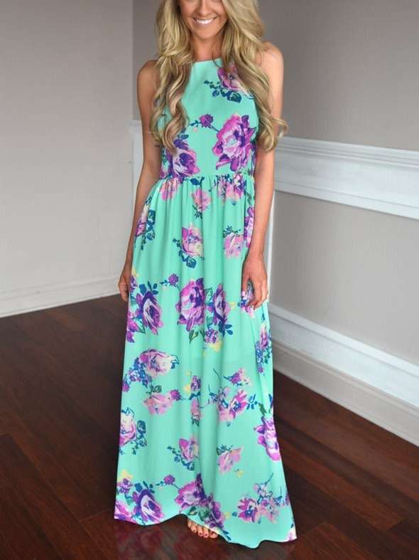 DRESSES/DRESS/MAXI DRESS/FLORAL DRESS/MINT GREEN CASUAL FLORAL PRINT SUMMER MAXI DRESS