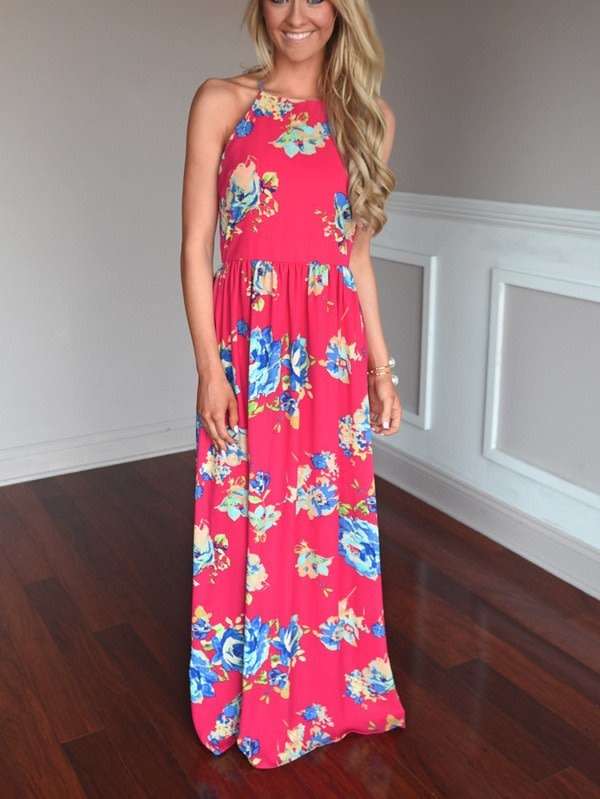 DRESSES/DRESS/MAXI DRESS/FLORAL DRESS/RED CASUAL FLORAL PRINT SUMMER MAXI DRESS