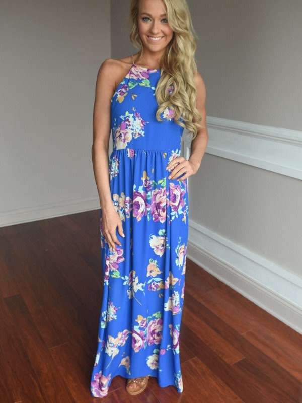 DRESSES/DRESS/MAXI DRESS/FLORAL DRESS/BLUE CASUAL FLORAL PRINT SUMMER MAXI DRESS