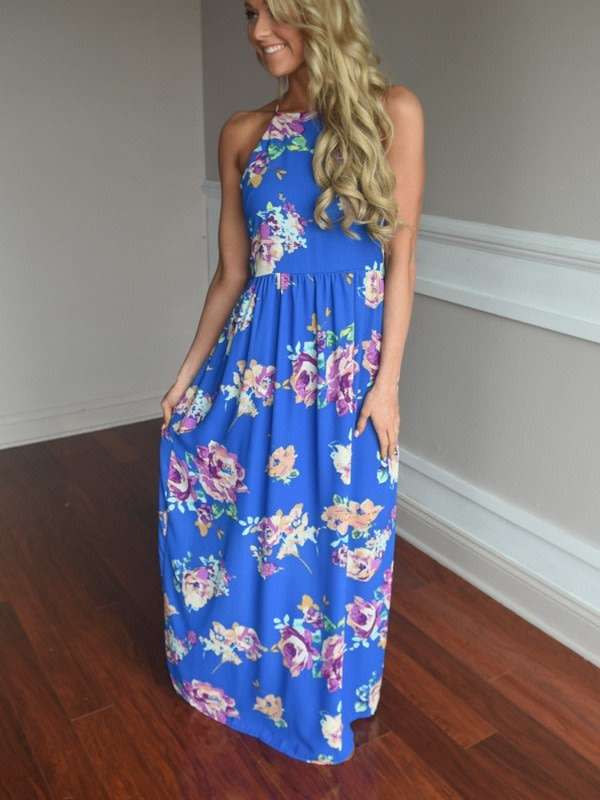 DRESSES/DRESS/MAXI DRESS/FLORAL DRESS/BLUE CASUAL FLORAL PRINT SUMMER MAXI DRESS