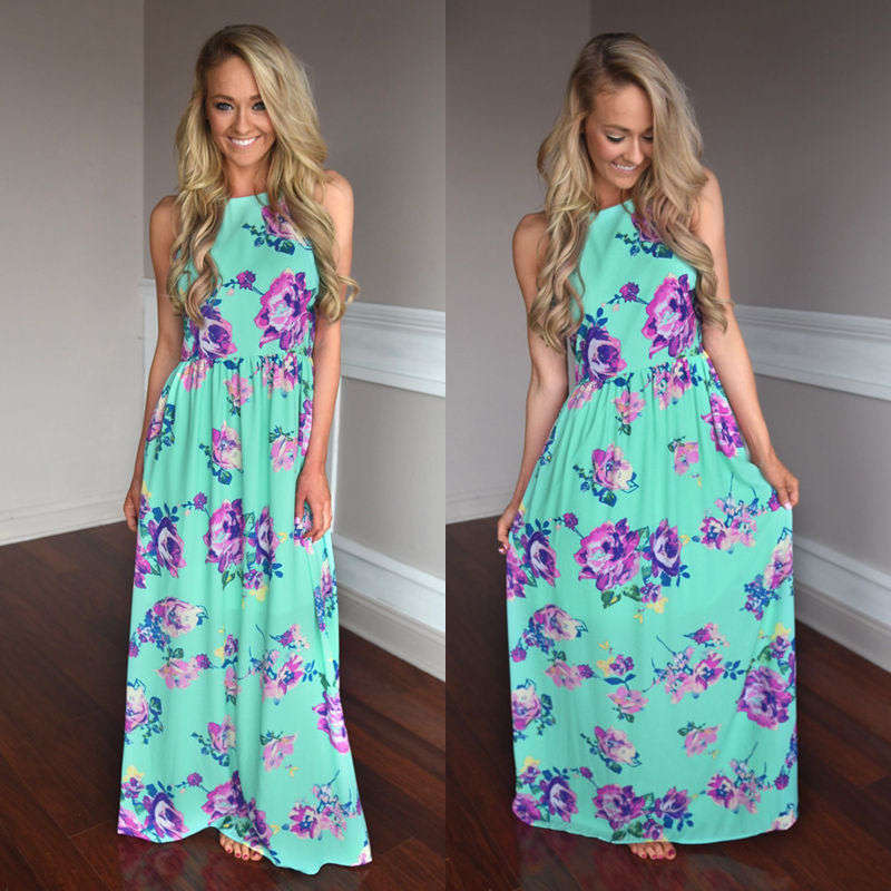 DRESSES/DRESS/MAXI DRESS/FLORAL DRESS/MINT GREEN CASUAL FLORAL PRINT SUMMER MAXI DRESS