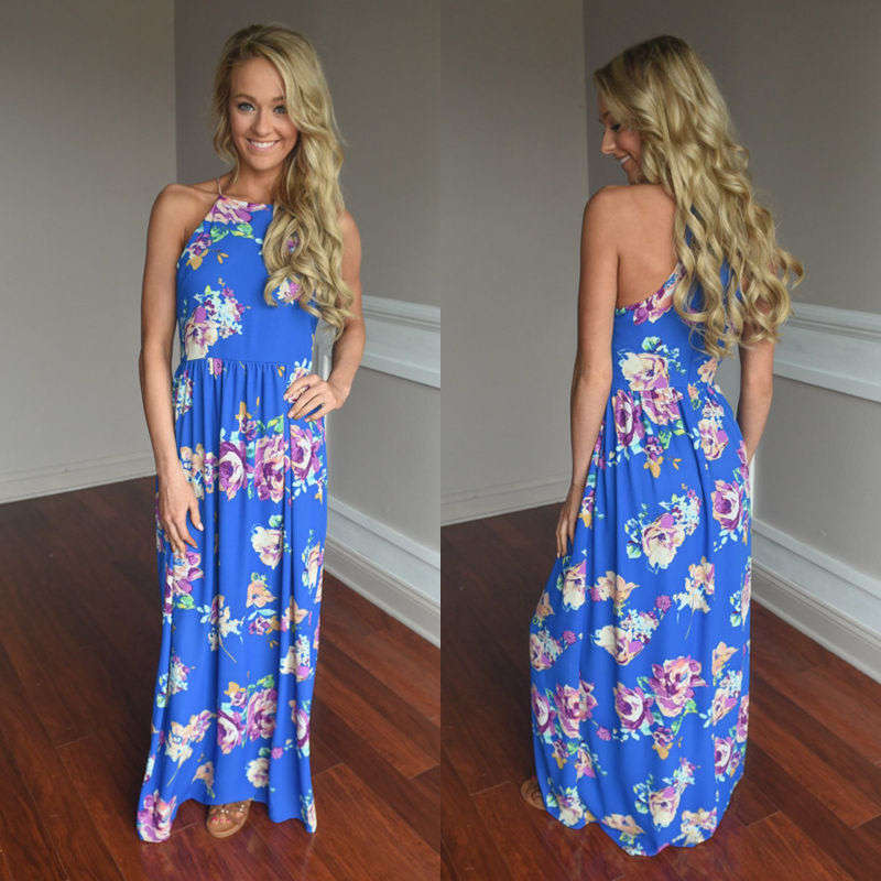 DRESSES/DRESS/MAXI DRESS/FLORAL DRESS/BLUE CASUAL FLORAL PRINT SUMMER MAXI DRESS