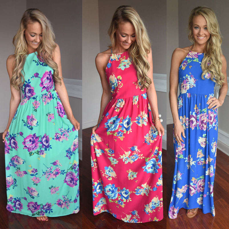 DRESSES/DRESS/MAXI DRESS/FLORAL DRESS/BLUE CASUAL FLORAL PRINT SUMMER MAXI DRESS