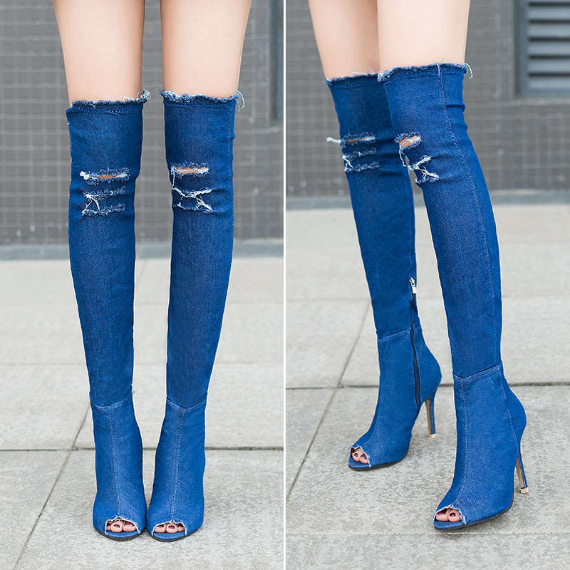 BOOTS/DENIM BOOTS/WOMENS BOOTS/OPEN TOE BOOTS/OVER THE KNEE BOOTS/BLUE DENIM BOOTS