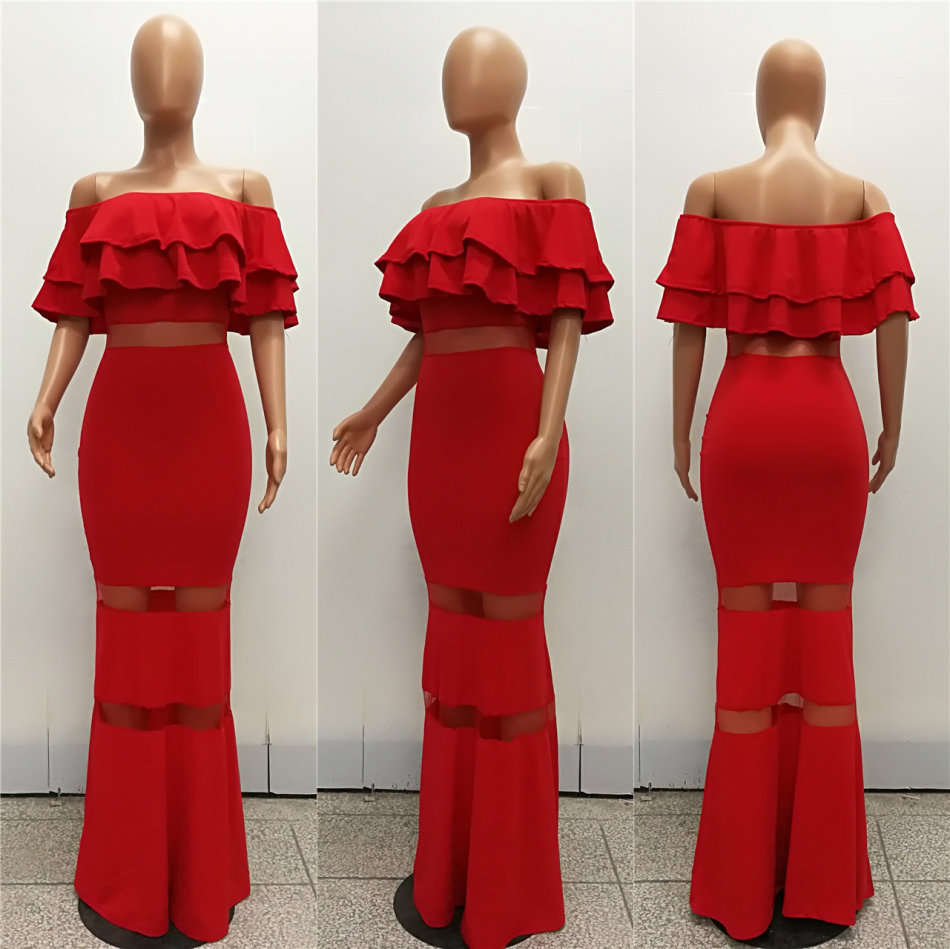 Red Strapless Maxi Evening Dress
