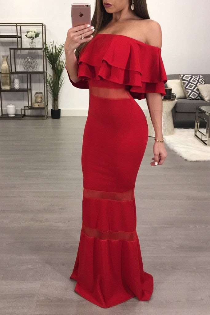 Red Strapless Maxi Evening Dress