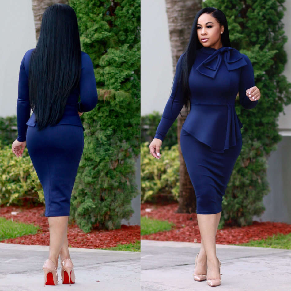 Local Stock Navy Blue Bow Detail Long Sleeve Midi Formal Office Dress Size Extra Large